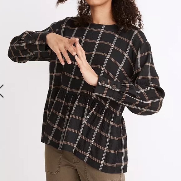 Madewell Button-Back Peplum Top in Plaid - Picture 4 of 7